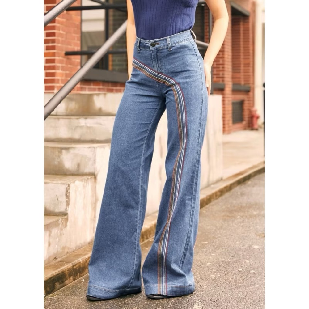Modcloth Rainbow With Me 70s Blue Flare Jeans with Rainbow Stripe